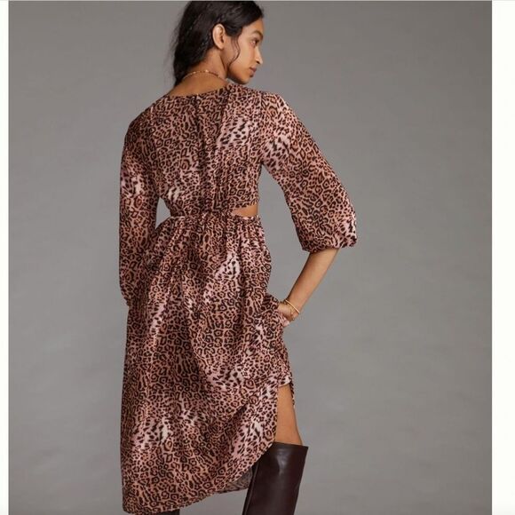 Anthropologie Ranna Gill Leopard Print Cut-out Midi Dress SZ L NWT - Picture 3 of 9